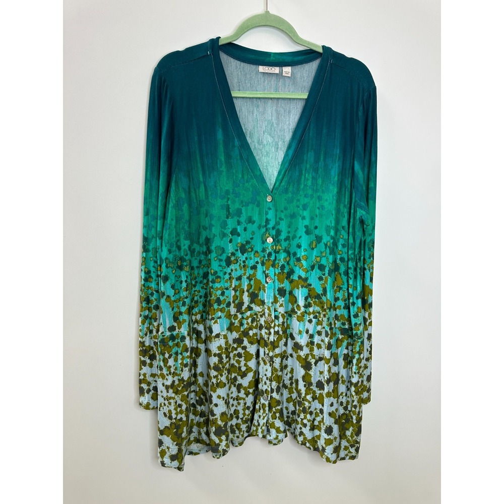 LOGO Lori Goldstein Teal Green Ombre Splatter Print Button Front Tunic Cardi XL - Picture 10 of 10